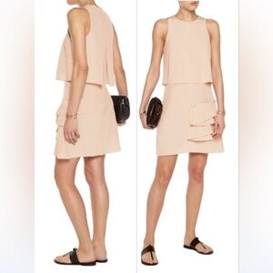 TIBI 100% Silk Mini Shift Dress Ruffle Accent Tan Beige Old Money Gatsby Themed